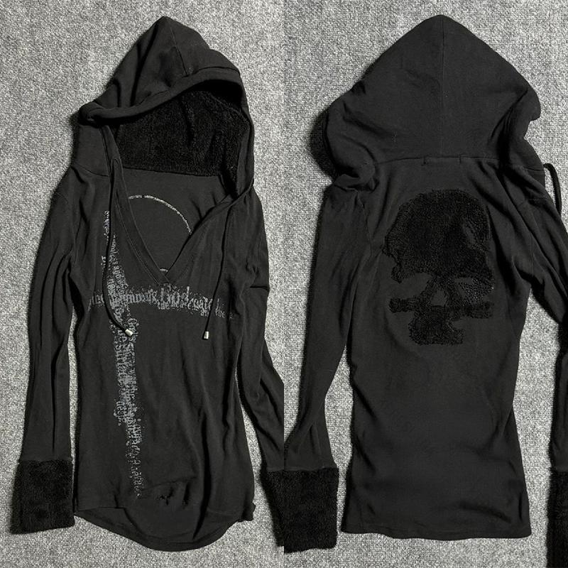 Y2k Black Vintage Printed Hoodies Women V Neck Long Sleeve American Fashion Hooded Sweatshirt Streetwear Hip Hop