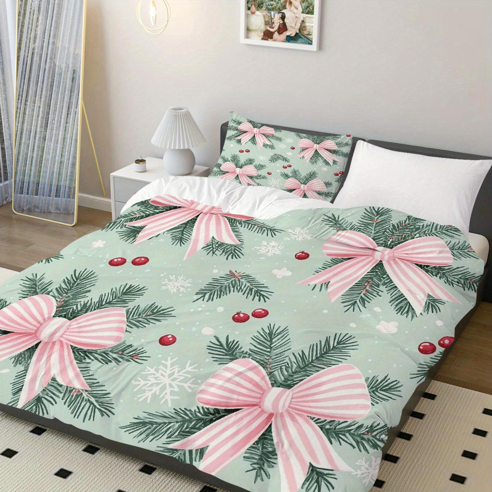 

3pcs Christmas Duvet Cover Set with Pink Bow & Pine Branch Snowflake Berry Design - Soft Polyester Bedding Zipper Closure EU Twin(135x200cm)