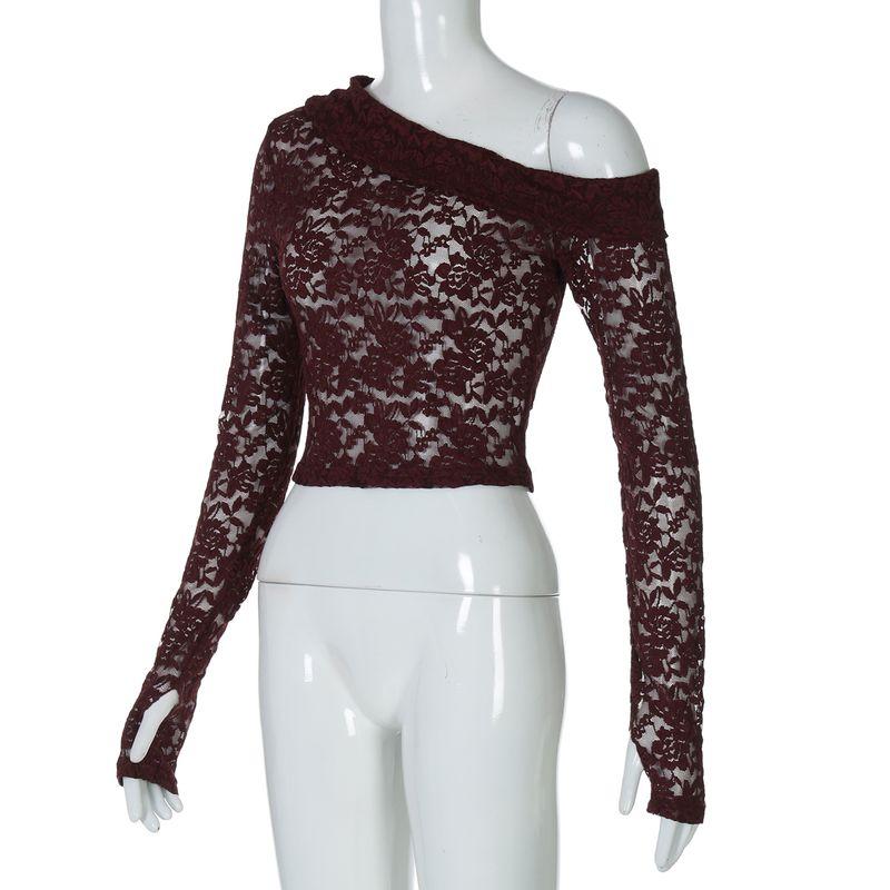 

Shemoda Sneaky Design Pure Desire Sexy Slightly Transparent Embroider Lace Asymmetric Diagonal Collar Open Finger Long Sleeves T-shirt Tops Women Burgundy S