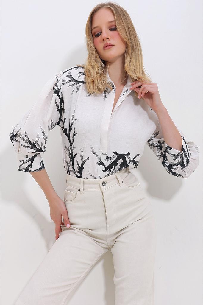 Women's Shirt New Season Fashion Black Branch Pattern Balloon Sleeve Hidden Placket Linen Shirt