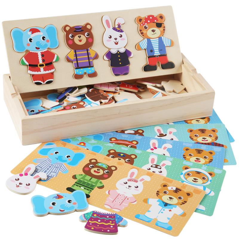 

Wooden Dress Up Puzzles Montessori Toys Animal Bear Change Clothes Jigsaw Puzzle Box Matching Games Dressing Kid S Travel Set