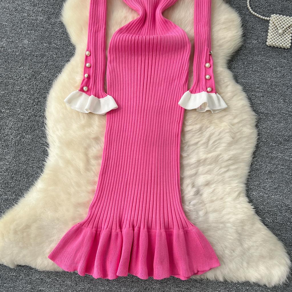Spring Autumn Women Sweet Peter Pan Collar Knitted Sweater Long Midi Slim Mermaid Dresses