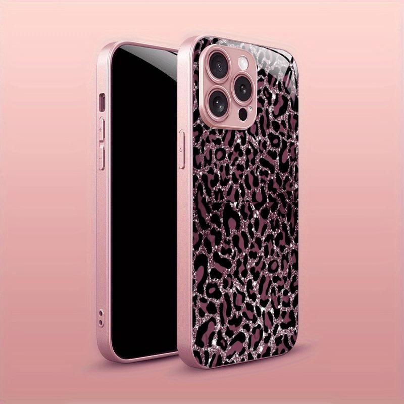 Dark Pink Leopard Print Tempered Glass Metallic Paint Phone Case For iPhone 17 Pro Max 11 12 13 14 15 16 Plus 16E 17 Air Cover