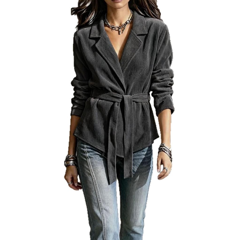 Autumn Winter Women's Corduroy Blazer Collar Solid Color Long Sleeve Coat With Belt, Casual Outerwear For Women