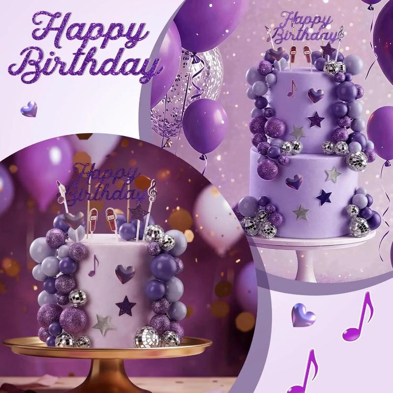 32Pcs Ins Cake Decorations Purple Disco Ball Cake Topper Music Note Mic Star Heart Glitter Decor For Themed Birthday Party
