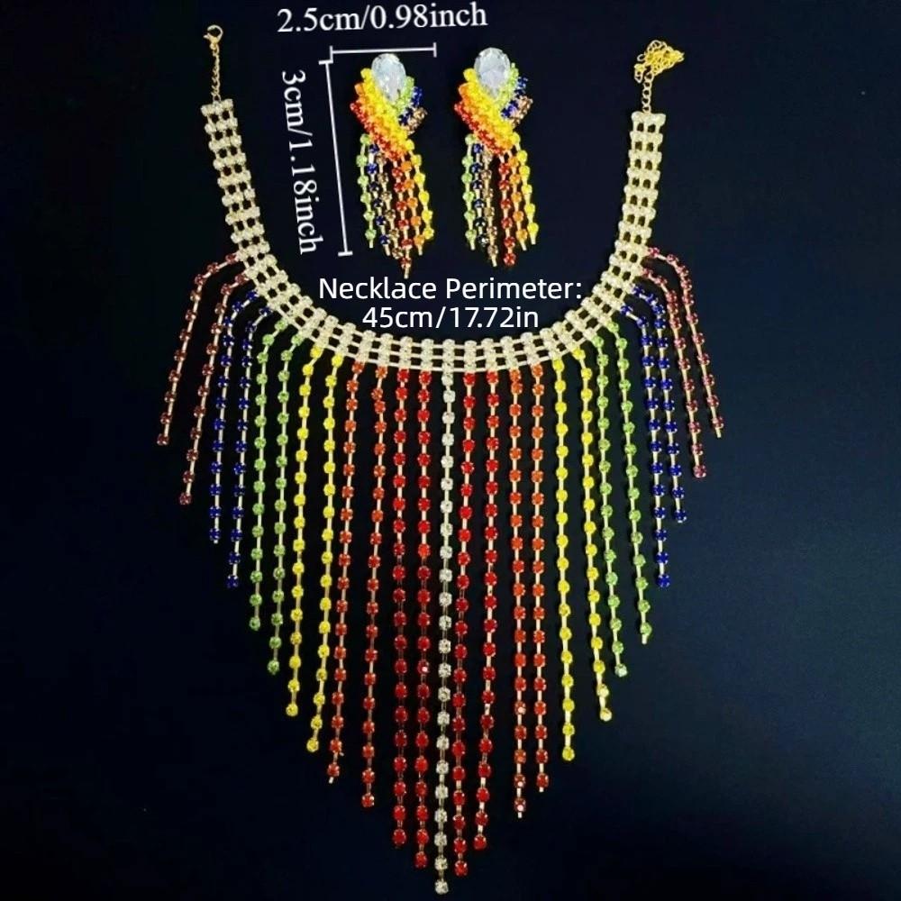 Vintage Rhinestone Crystal Necklace Shiny Ear Studs Luxury Rainbow Tassel Jewelry Set  Girls