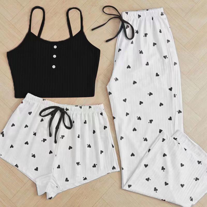 Heart Print Spring & Summer Women's Pajama Set - Sweet & Cute Casual Three-Piece Homewear
