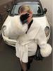 2025 A/W Women's French Tweed Short Coat with Fur Cuffs, V-neck, and Tie-waist - Solid Color.