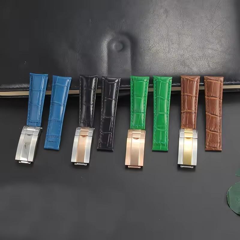 Genuine Leather Accessory for Rolex Daytona Datejust Black Green Submariner Long Wearing Comfort Folding Buckle Watchband 20mm