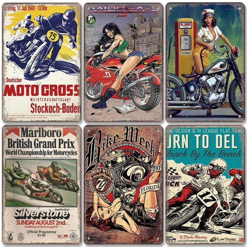 Vintage motokrosový plakát Kovové plechové cedule Motocykl Grand Prix Kovová plaketa Nástěnná dekorace pro garáž Moto Club Man Cave Bar