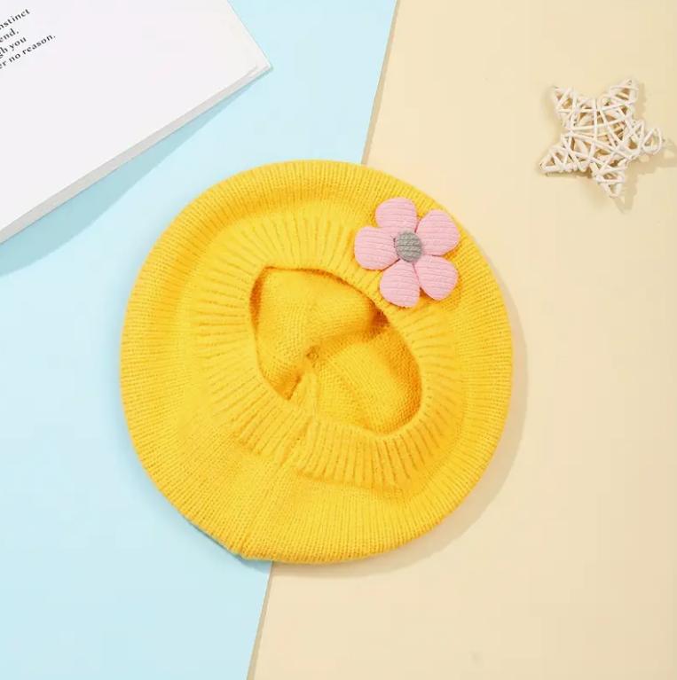 0-4Y Baby Girls  Cute Floral Beret Hat, 100% Cotton Knit Fabric, Lightweight Knit Cap for Infants Stretchable Thanksgiving жёлтый