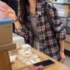 Women's Korean Retro Plaid Shirt Jacket - Dark Blue, Long Sleeve, Loose Fit for Autumn/Winter