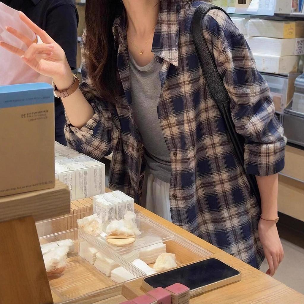Women's Korean Retro Plaid Shirt Jacket - Dark Blue, Long Sleeve, Loose Fit for Autumn/Winter