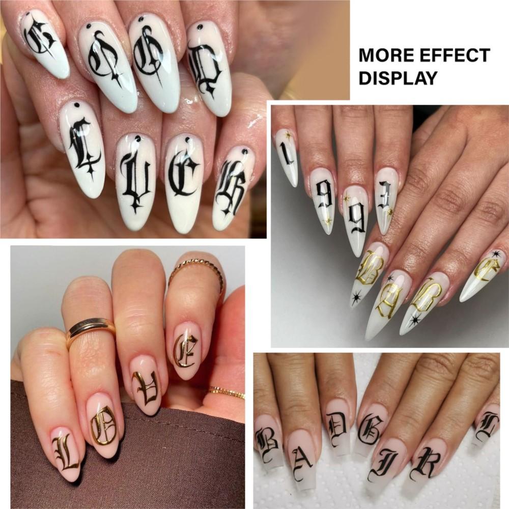 3sheets 3D Old English Letter Nail Stickers Gold/Silver/Black Retro Alphabet & Numbers Nail Decals Self-Adhesive Nail Decora E#4