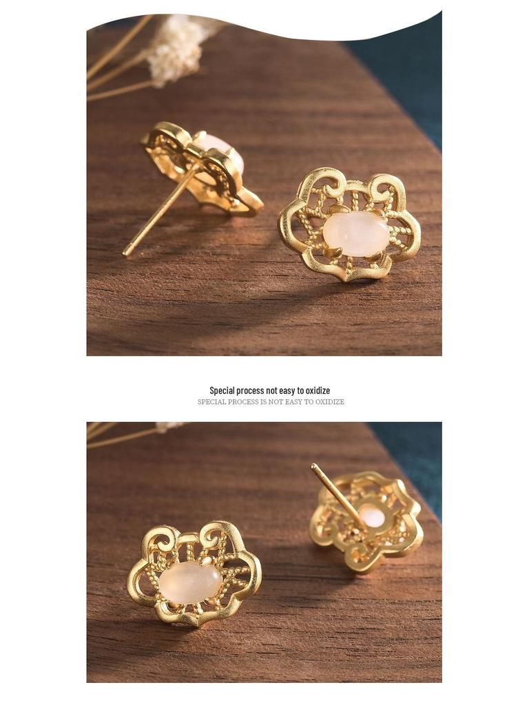 Kolczyki Meilong Ancient Gold Ruyi z Zamkiem Pokoju z Agatem Chalcedonowym