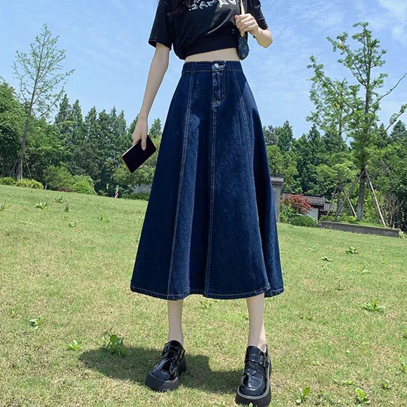 2024 High Waist Retro Denim Midi Skirt: Slimming, Fashionable, Hip-Covering Draped Design