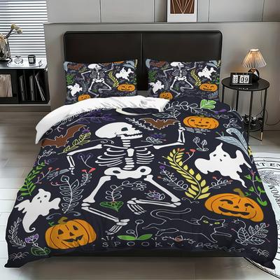 3-piece Halloween Skeleton Pattern 1 Quill Cover+2 Pillowcases Coreless Soft and Comfortable Quill Cover Set