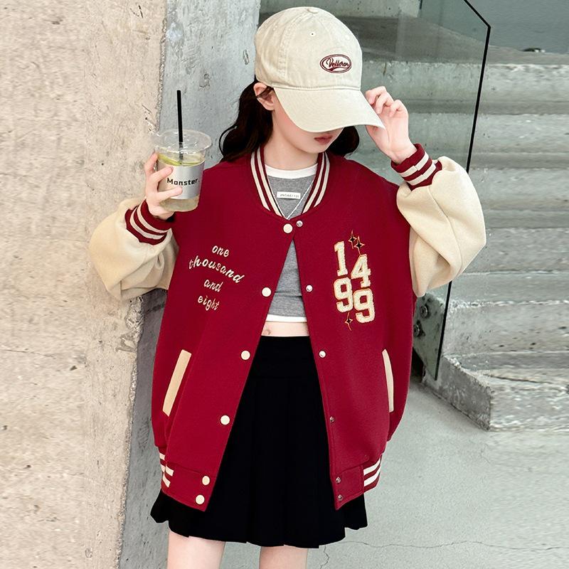 

Девичья осенняя махровая вышитая бейсбольная куртка - Новинка 2025, повседневная верхняя одежда 150 cm красный