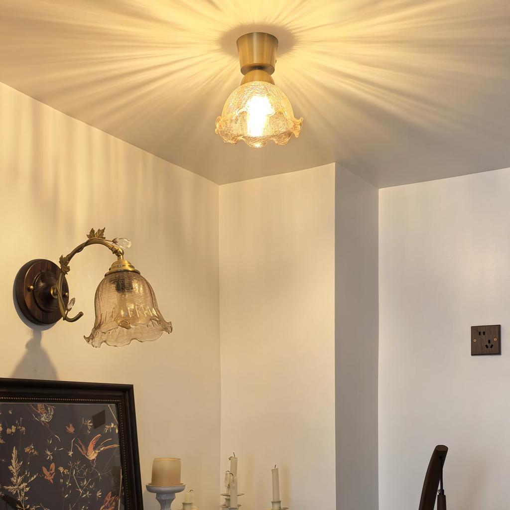 Stylish, compact, semicircular glass ceiling light with a brown, cracked-look shade, brass socket, E26 base, LED compatible, perfect for living