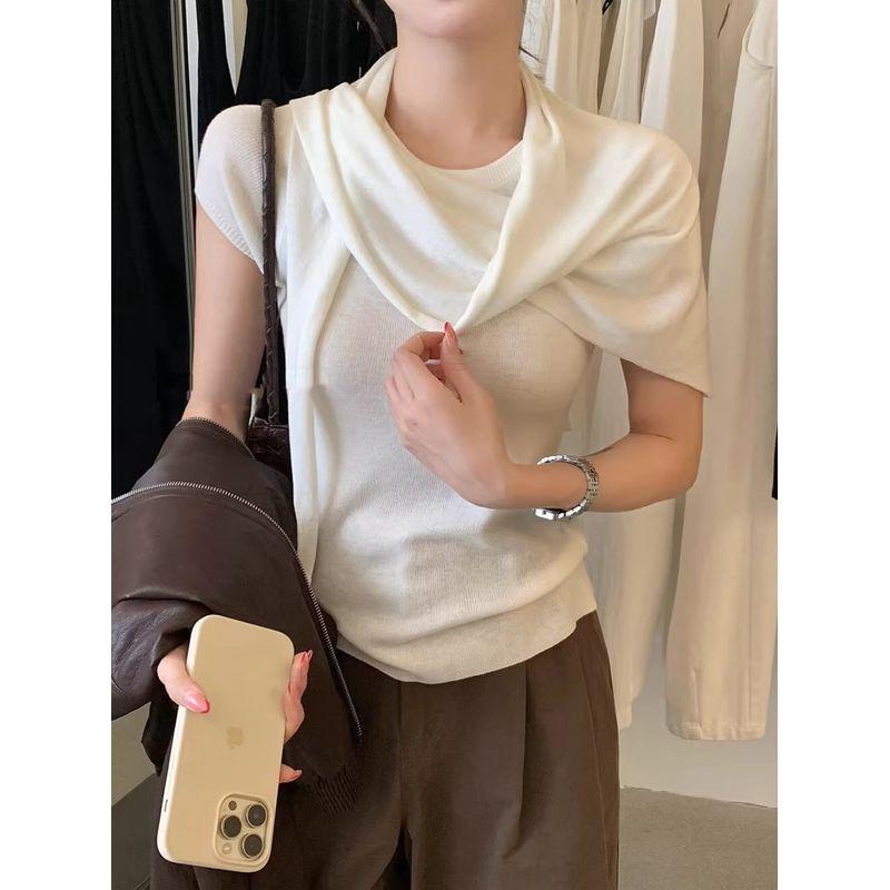 Kumikumi High-Grade Simple Temperament Round Neck Short Sleeve Knit Women Clothes Summer Slim Fit Slimming Versatile Top