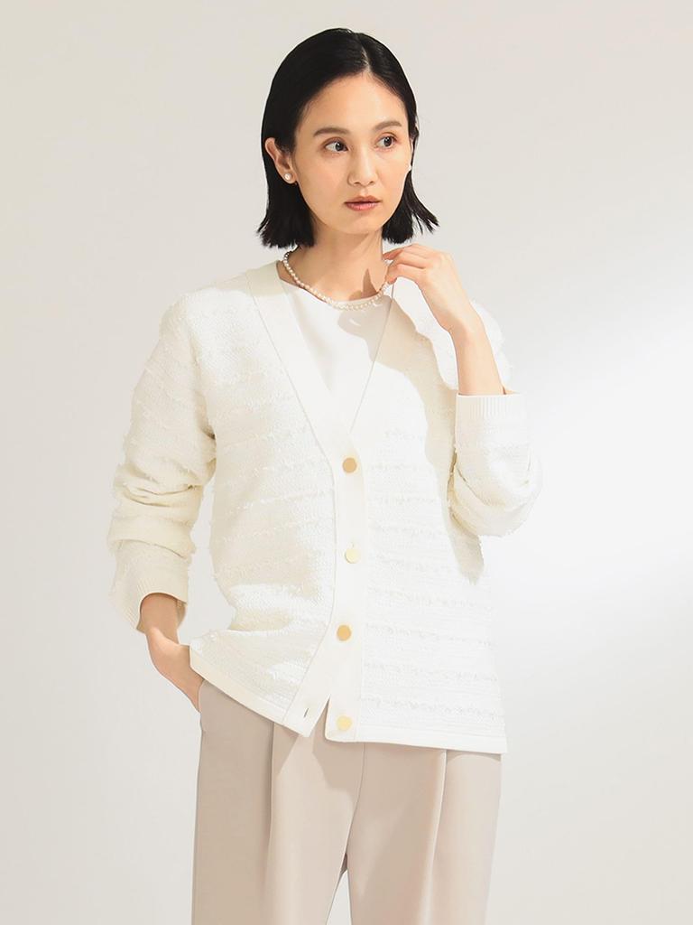Beams Long Sleeve Tweed Knit Free 64150486887 Demi-Luxe Women's V-Neck Cardigan, OFF_WHITE, Size,
