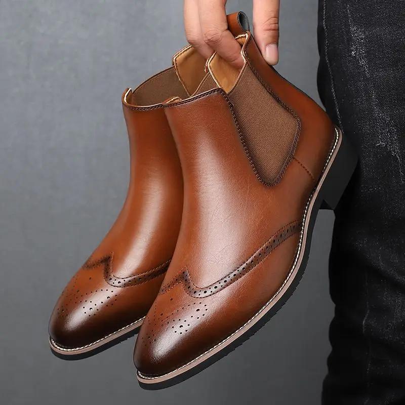 Men's British Style Vintage Brogue Chelsea Boots Soft Sole High Top Pointed Toe Leather Work Dress Shoes