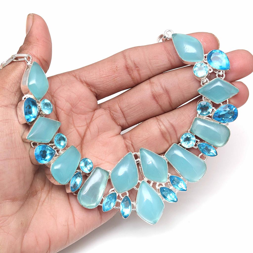 Necklace Blue Chalcedony SwiBlue Gemstone Birthday Gift Jewelry 18-20''