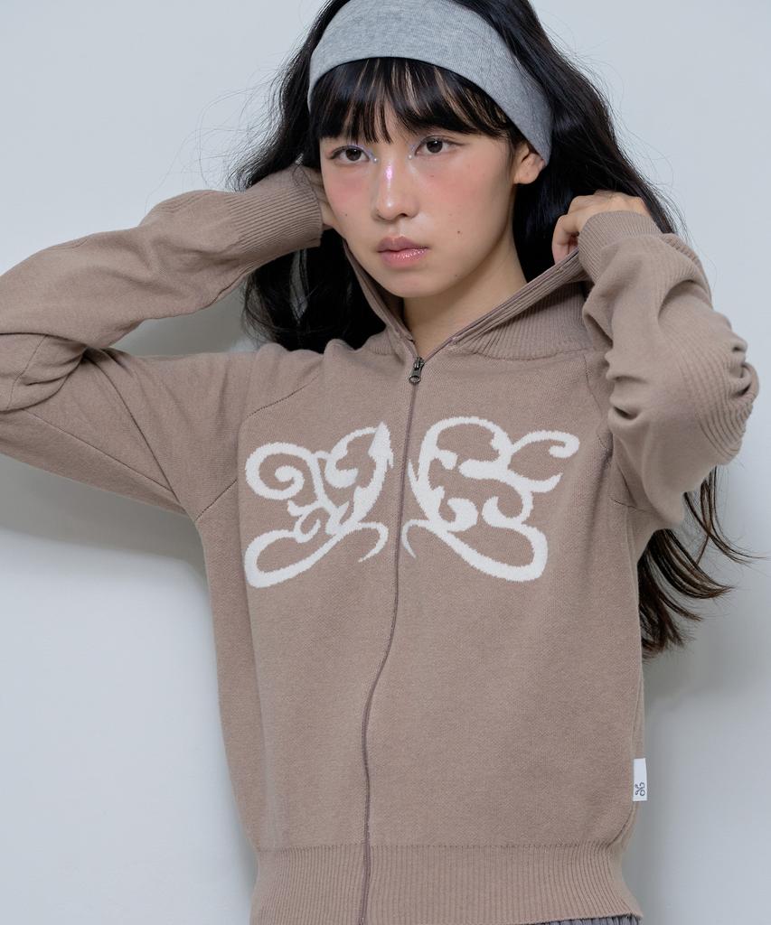 FANCY CLUB Raglan Symbol Knit Zip-Up (Mocha)_F24Za962