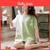 Camisola de Noite Feminina Verão Algodão Manga Curta Calções Desenho Animado Gola Redonda Pulôver Solta Roupa de Dormir Roupa de Casa Conjunto de 2 Peças Roupa de Dormir