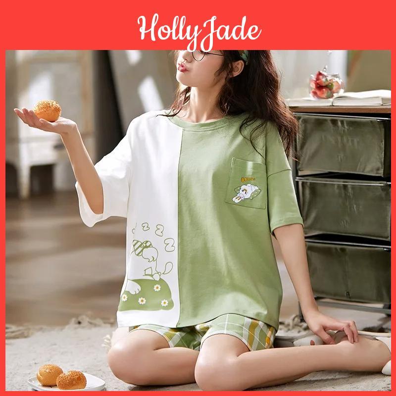 Camisola de Noite Feminina Verão Algodão Manga Curta Calções Desenho Animado Gola Redonda Pulôver Solta Roupa de Dormir Roupa de Casa Conjunto de 2 Peças Roupa de Dormir