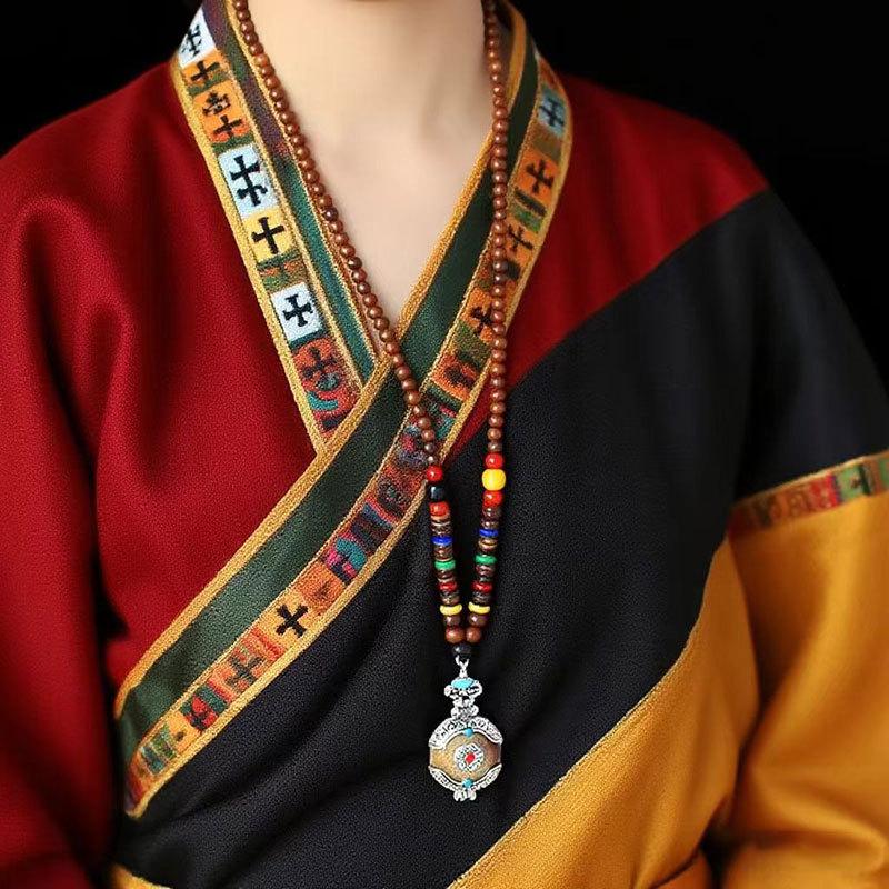 Stile Etnico Retrò Catena Lunga per Maglione Ciondolo in Pietra Bodhi con Diamante Collana con Perline di Legno Ciondolo in Cotone e Lino Tibetano Collana con Perline di Buddha