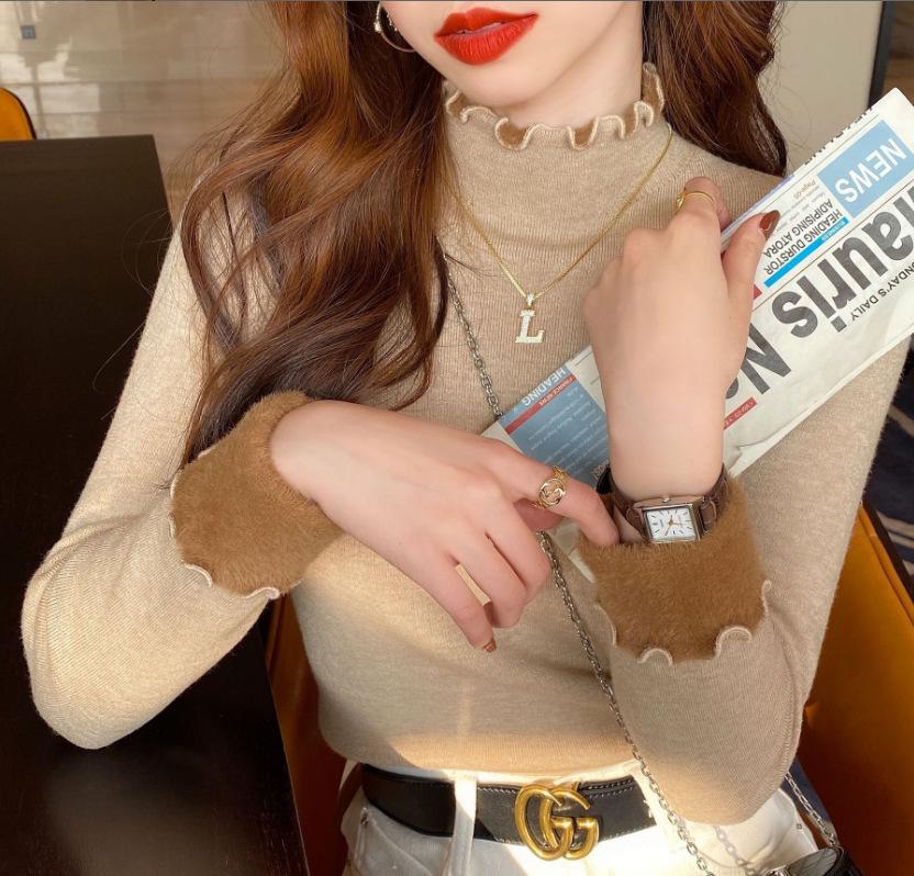 Women's Fleece-Lined Slim-Fit Pullover Sweater: Half-High Collar, Autumn/Winter Base Layer, Hot Item