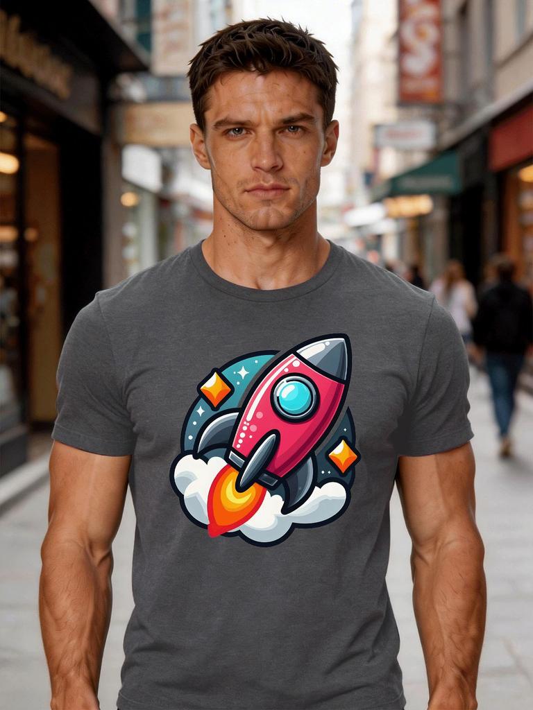 Unisex Crew Neck Tee Cartoon Rocket Cloud Star Front Print Short Sleeve Oversized Male Daily Casual Soft Breathable Basic Wear Top