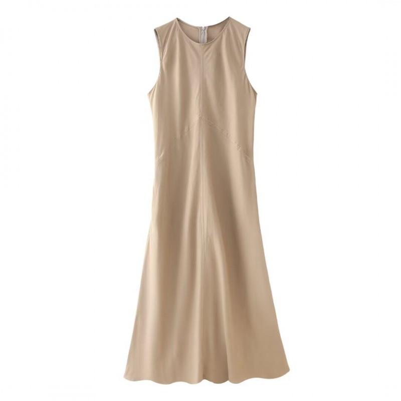 

European American Women s Clothing Summer Fashionable Solid Color Linen Sleeveless Dress L хакі
