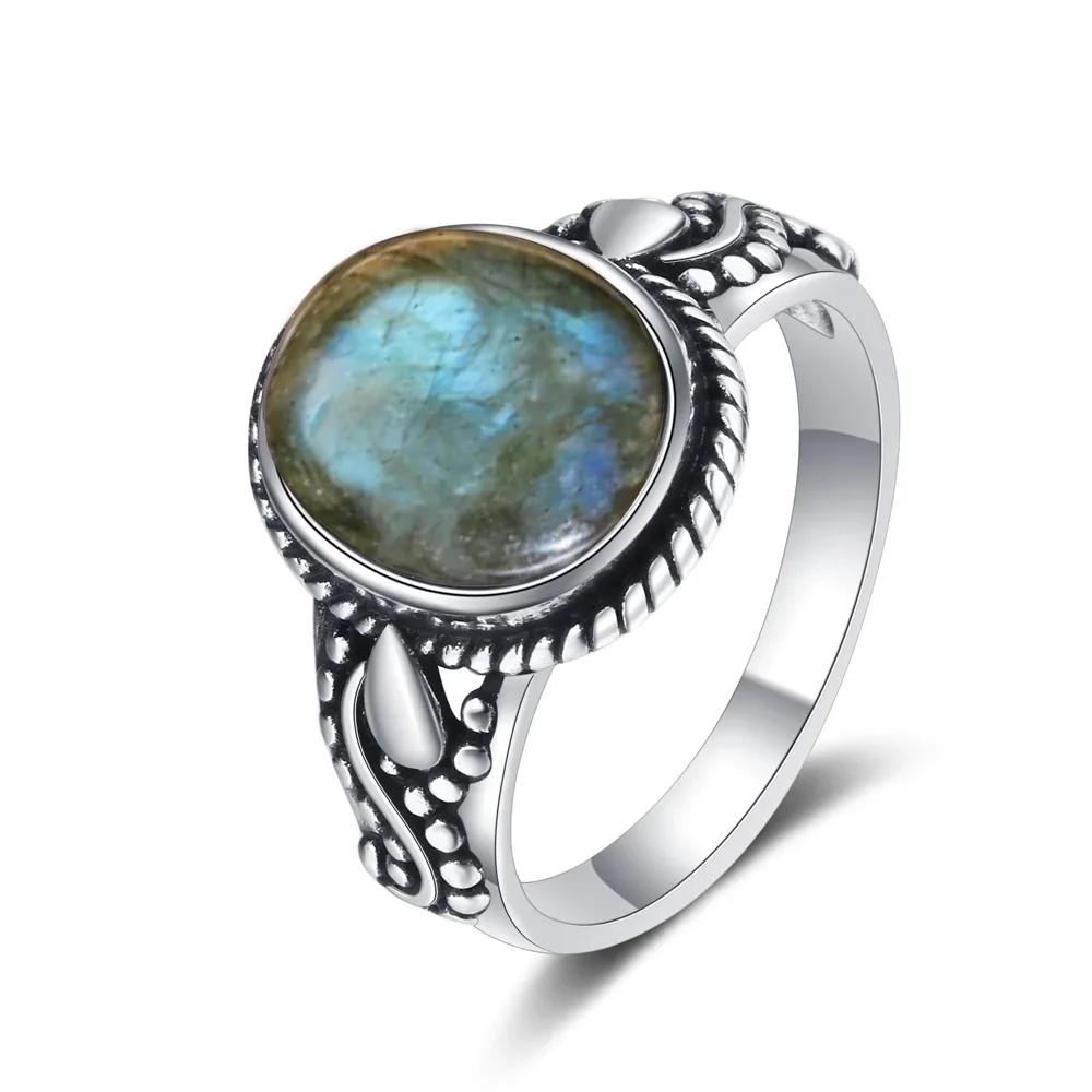 Labradorit KupferVintage Ring, Ovaler Sternenlicht Edelstein & Geschnitztes Blumenband, Boho Damen Mode Schmuck Grenzüberschreitend 10 gray