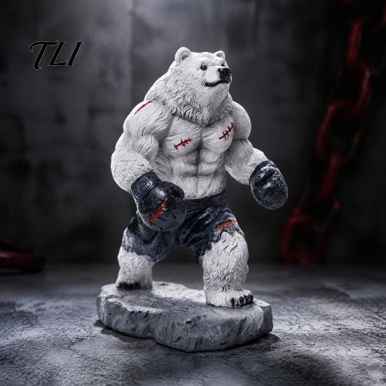 Realistic Bear Statue Resin Boxing Figurine, Muscle for Desk Decor, Small Ornament Brown White Sculpture Office and Home Display