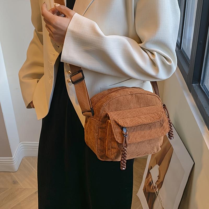 Vintage Harajuku Corduroy Crossbody Bag for Women, Casual Japanese Style Shoulder Handbag with Zipper Closure, Solid Color, Polyester Lining