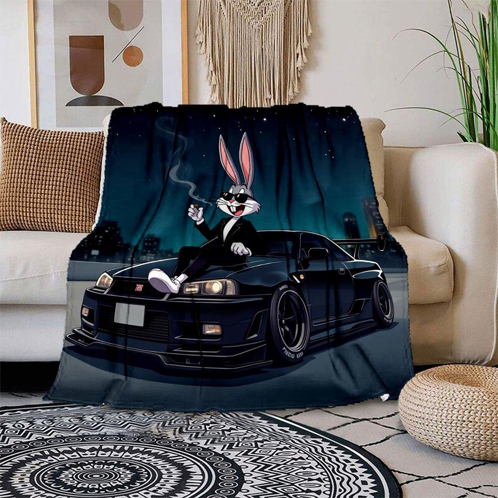 Retro Bunny Smoking Cigar Car Art Print Poster Blanket Flannel Throw Blanket for Sofa, Bed, Travel, Camping, Office 100x150cm
