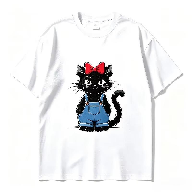Black Cat Red Bow Blue Denim Overalls Print Tshirt Vintage Cute Kitten Graphic Summer Casual Short Sleeve Tee Harajuku Y2k Top