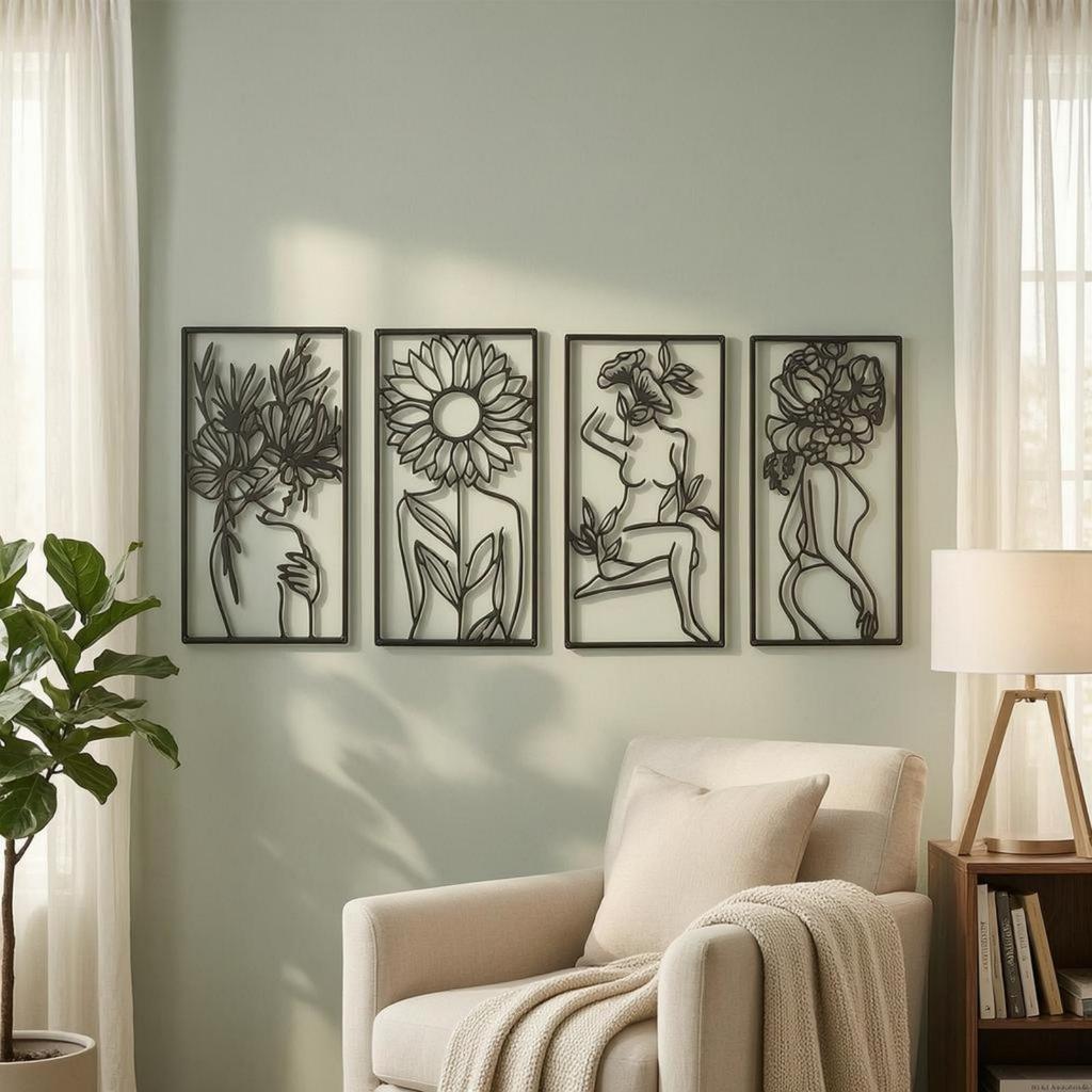 4 Pieces Abstract Female Line Openwork Minimalist Metal Drawing Figure