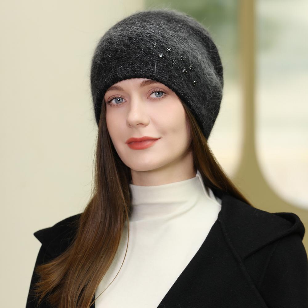 New Women Rabbit Fur Gradient Winter Hat Fashion Decorate Beanie Hat Warm Winter Cap for Female Casual Streetwear Knitted Hat