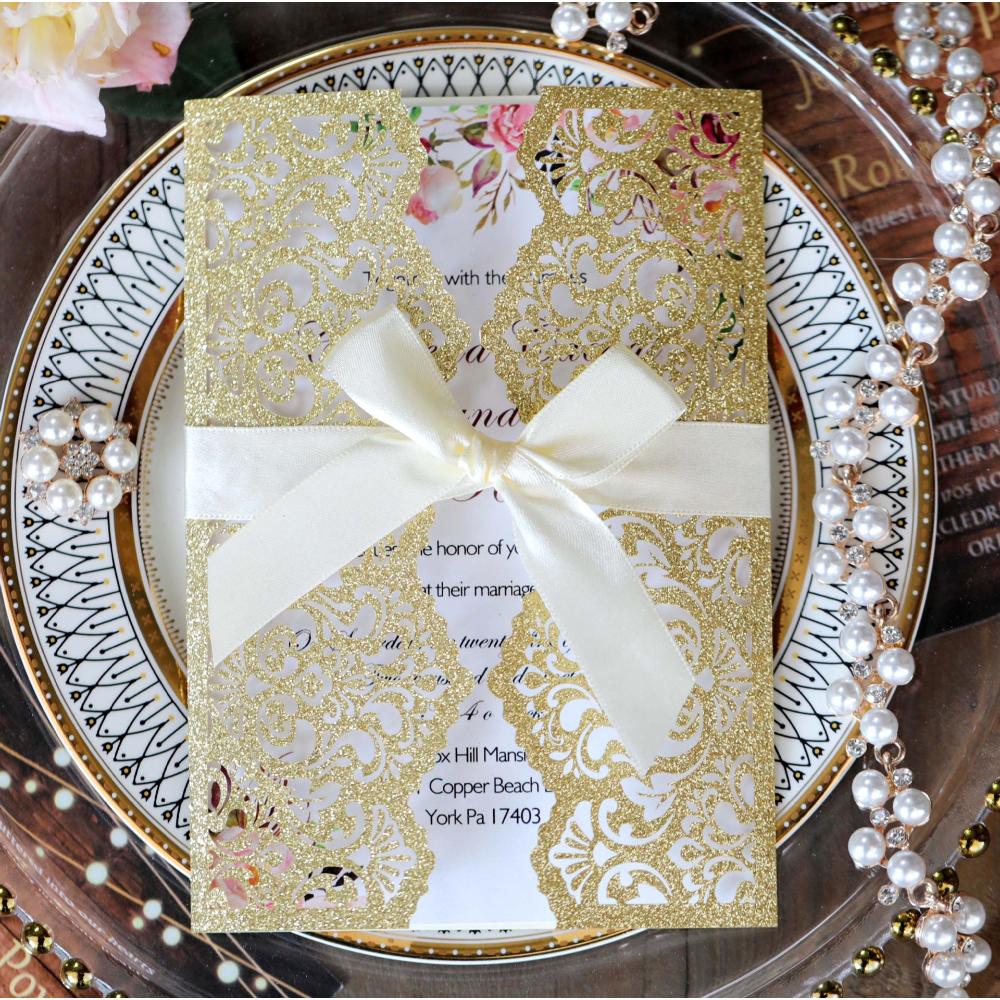 10 Stück Glitzer Einladungskarte mit Band Grußkarten Hochzeit Mariage Einladung Party Taufe Bar Mitzwa Party Dekoration