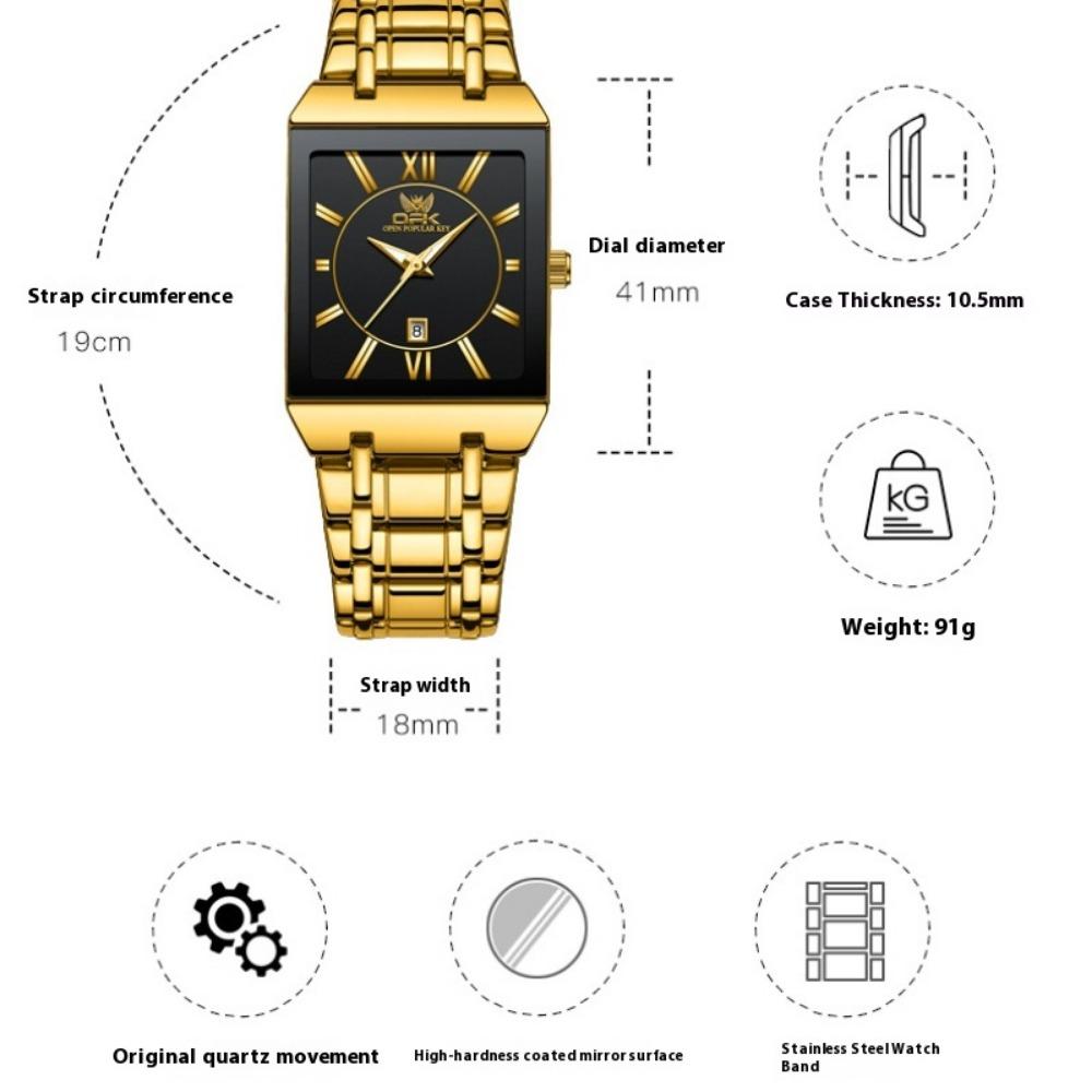 Square Men's Steel Strap Watch Business Calendar Quartz Waterproof Watch Watch