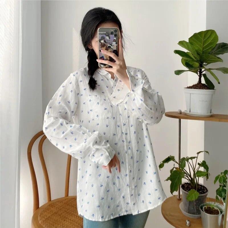 Johnature Damen Tops Shirts Sommer Umlegekragen Vintage Casual Print Umlegekragen Locker All Match Einfache Tops