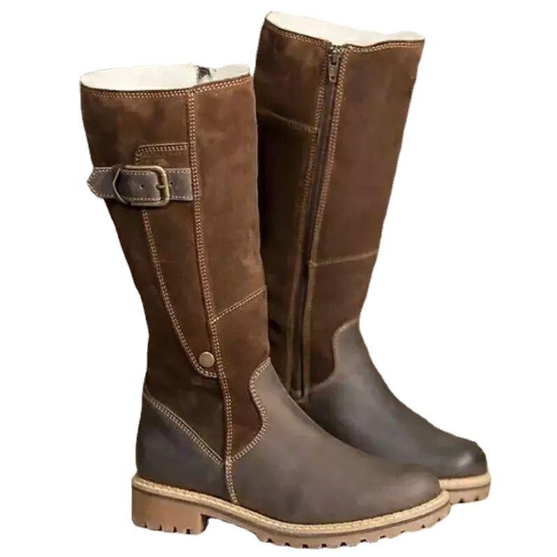 20 Winter New Flat-bottomed Martin Boots Women's Large Size Side Zipper Medium Boots Thick-soled Medium Heel Cotton Boots