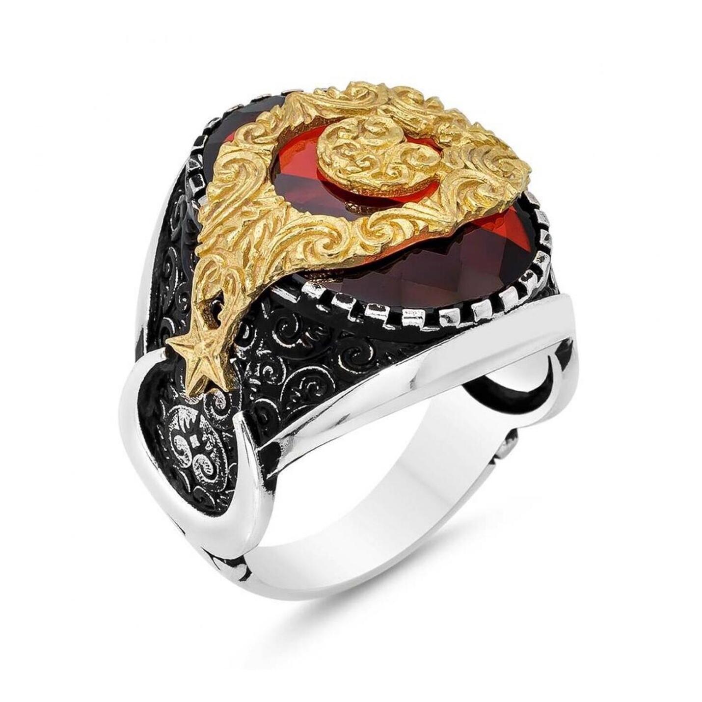 

Кольцо из серебра 925 пробы с красным камнем, полумесяцем и звездой, специальное дизайнерское мужское кольцо