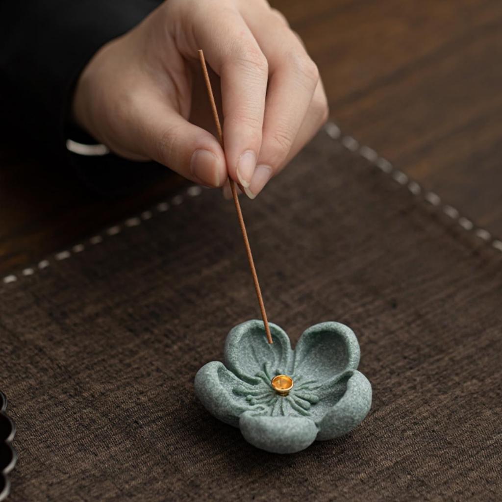 Moruna Incense Holder, Blue Sand Stone with Plum Blossom Design, Stylish Mini Incense Burner for Buddhist Altars, Japanese-Style Decor (Blue Sand