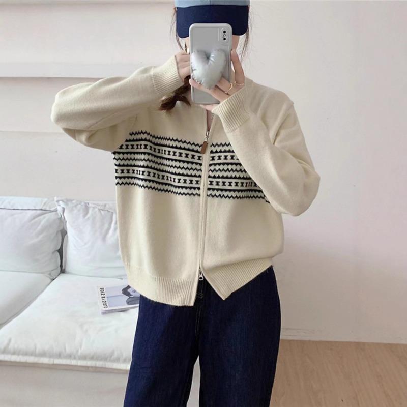 Autumn and Winter New Retro Zipper Loose Knitted Cardigan Top Lazy Style Casual Sweater Jacket Women