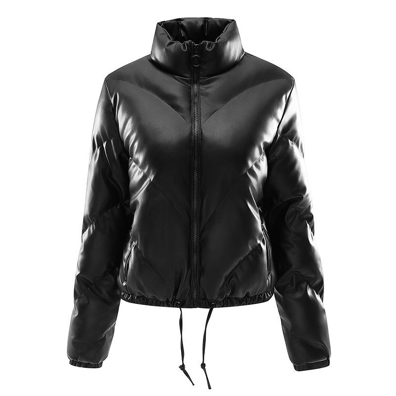 

Женская зимняя модная повседневная тонкая хлопковая куртка с воротником из искусственного меха и капюшоном, теплая куртка с капюшоном, пальто из искусственной кожи на молнии M чёрный