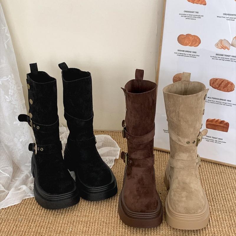 Fashion Women's Long Boots 2025 Fashion Platform Height Increasing Outdoor Knight Boots Spring Autumn New Retro Belt Buckle Women Shoes